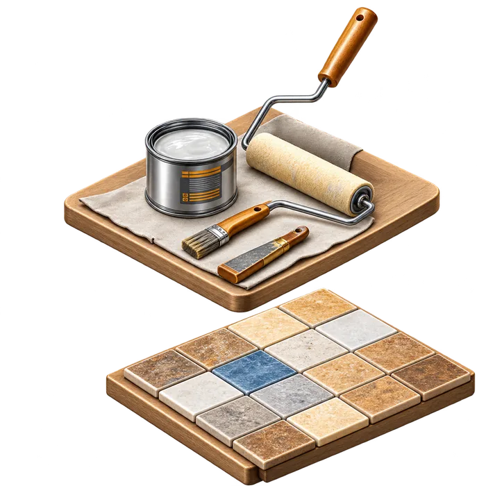 Pot de peinture, rouleau, pinceau et couteau à enduire posés sur une planche, au-dessus d'un nuancier de carrelages.