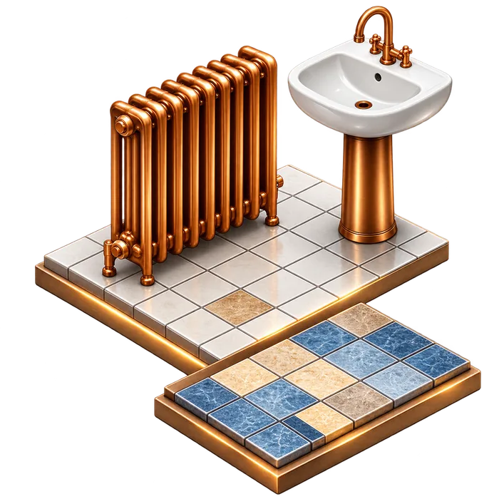 Radiateur en cuivre et lavabo sur colonne posés sur un sol carrelé, avec échantillons de carrelage.